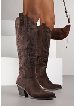 Ciemnobrązowe Kozaki Kowbojki na Stożkowym Obcasie Zdobione Cyrkoniami Nalera ze sklepu renee.pl w kategorii Kozaki damskie - zdjęcie 186278933