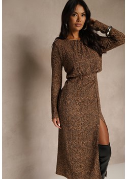 Panterkowa Sukienka z Gumką w Talii z Dopasowanym Dołem i Rozcięciem Zenova ze sklepu renee.pl w kategorii Sukienki - zdjęcie 186279030