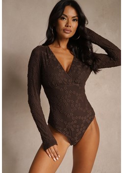 Brązowe Body Longsleeve z Koronki z Bawełną Zenisesa ze sklepu renee.pl w kategorii Body damskie - zdjęcie 186279044