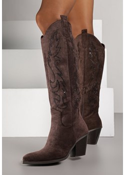 Ciemnobrązowe Kozaki Kowbojki na Stożku z Cholewką w Cyrkoniowy Wzór Nalimia ze sklepu born2be.pl w kategorii Kozaki damskie - zdjęcie 186279592