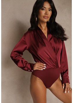 Bordowe Kopertowe Body z Satyny Violsova ze sklepu renee.pl w kategorii Body damskie - zdjęcie 186312284