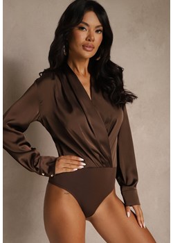 Brązowe Kopertowe Body z Satyny Violsova ze sklepu renee.pl w kategorii Body damskie - zdjęcie 186315703