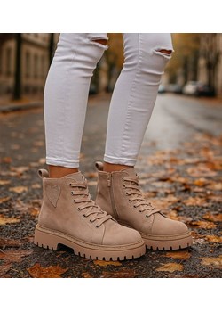 Sznurowane botki trapery na platformie Khaki /G5-2 18246 W437/ ze sklepu Pantofelek24.pl w kategorii Workery damskie - zdjęcie 186384990