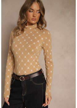 Beżowa Bluzka Longsleeve Półgolf z Bawełny Ozdobiona Geometrycznym Nadrukiem Zantila ze sklepu renee.pl w kategorii Bluzki damskie - zdjęcie 186390694