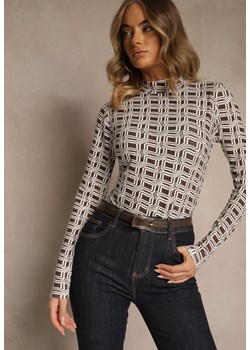 Biało-Brązowa Bluzka Longsleeve z Golfem z Bawełny w Geometryczny Print Zadanevia - id: WCX-4984-MIX3K-419-WHITE/BROWN - marki Renee - 186390704 Biało-Brązowa Bluzka Longsleeve z Golfem z Bawełny w Geometryczny Print Zadanevia ze sklepu renee.pl w kategorii Bluzki damskie - zdjęcie 186390704