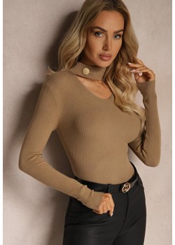 Jasnobeżowy Sweter Golf z Ozdobnym Wycięciem Przy Dekolcie Erticia ze sklepu renee.pl w kategorii Swetry damskie - zdjęcie 186395564