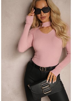 Jasnoróżowy Sweter Golf z Ozdobnym Wycięciem Przy Dekolcie Erticia ze sklepu renee.pl w kategorii Swetry damskie - zdjęcie 186395604