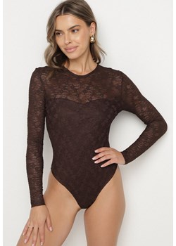 Brązowe Koronkowe Body z Długim Rękawem Esaressa ze sklepu born2be.pl w kategorii Body damskie - zdjęcie 186402881