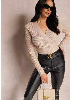 Beżowy Sweter Kopertowy z Prążkowanej Dzianiny Goli - id: HXH2166-42-BEIGE - marki Renee - 186440453 Beżowy Sweter Kopertowy z Prążkowanej Dzianiny Goli ze sklepu renee.pl w kategorii Swetry damskie - zdjęcie 186440453