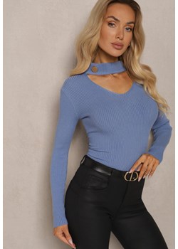 Niebieski Sweter Golf z Ozdobnym Wycięciem Przy Dekolcie Erticia ze sklepu renee.pl w kategorii Swetry damskie - zdjęcie 186444790