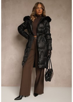 Czarna Długa Kurtka z Pikowanymi Przeszyciami i Kapturem Ściągana w Talii Galeatia ze sklepu renee.pl w kategorii Kurtki damskie - zdjęcie 186468152