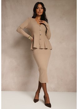 Beżowy Dzianinowy Komplet z Wiskozą Elegancki Kardigan i Spódnica Unalaia ze sklepu renee.pl w kategorii Komplety i garnitury damskie - zdjęcie 186468220