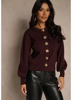 Bordowy Kardigan z Wiskozą Zdobiony Eleganckimi Napami i Bufiastymi Rękawami Acannte ze sklepu renee.pl w kategorii Swetry damskie - zdjęcie 186489981