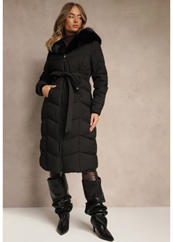 Czarna Kurtka z Pikowanymi Przeszyciami Futerkiem i Paskiem Serapella ze sklepu renee.pl w kategorii Kurtki damskie - zdjęcie 186496993