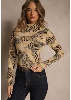Beżowo-Czarna Bluzka Longsleeve z Bawełny z Półgolfem i Panterkowym Printem Unalla ze sklepu renee.pl w kategorii Bluzki damskie - zdjęcie 186510580