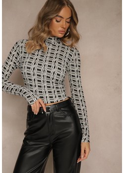 Biało-Czarna Bluzka Longsleeve z Golfem z Bawełny w Geometryczny Print Zadanevia ze sklepu renee.pl w kategorii Bluzki damskie - zdjęcie 186548114