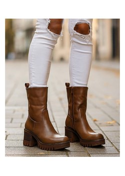 Botki na obcasie klocku Khaki /F6-3 18308 T4/ ze sklepu Pantofelek24.pl w kategorii Botki - zdjęcie 186548654