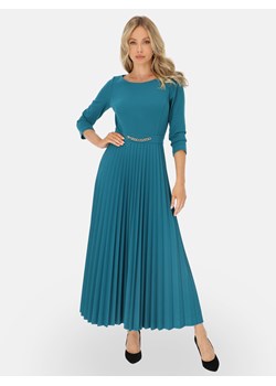 Morska sukienka z plisowanym dołemi ozdobą w pasie L'AF Celine ze sklepu Eye For Fashion w kategorii Sukienki - zdjęcie 186552300