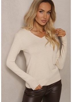 Jasnobeżowy Sweter z Bawełną i Trójkątnym Dekoltem Eulinevia - id: 3780-MIX5K-299-CREAM - marki Renee - 186575584 Jasnobeżowy Sweter z Bawełną i Trójkątnym Dekoltem Eulinevia ze sklepu renee.pl w kategorii Swetry damskie - zdjęcie 186575584