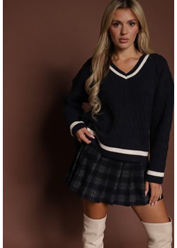 Granatowy Sweter w Stylu Preppy z Dodatkiem Kaszmiru i Warkoczowym Splotem Belmire ze sklepu renee.pl w kategorii Swetry damskie - zdjęcie 186577623