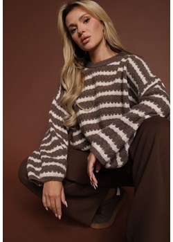 Brązowy Oversizowy Sweter w Paski z Dzianiny z Wełną i Wiskozą Aventole ze sklepu renee.pl w kategorii Swetry damskie - zdjęcie 186630301