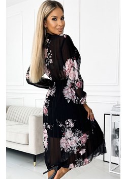 Plisowana sukienka midi z różami na czarnym tle 449-3, Kolor czarny-wzór, Rozmiar one size, Numoco ze sklepu Intymna w kategorii Sukienki - zdjęcie 186649551