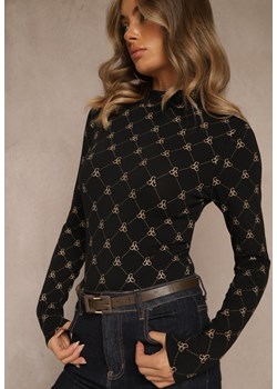 Czarna Bluzka Longsleeve Półgolf z Bawełny Ozdobiona Geometrycznym Nadrukiem Zantila ze sklepu renee.pl w kategorii Bluzki damskie - zdjęcie 186659663