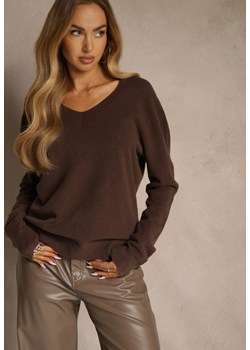 Brązowy Sweter z Wełną i Wiskozą z Trójkątnym Dekoltem Kaitte ze sklepu renee.pl w kategorii Swetry damskie - zdjęcie 186659681
