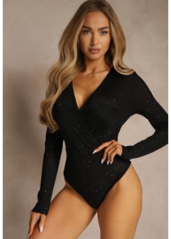Czarne Body z Dodatkiem Wiskozy o Kopertowym Kroju z Brokatem i Cekinami Naddie ze sklepu renee.pl w kategorii Body damskie - zdjęcie 186659903
