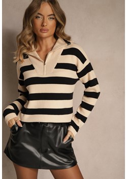 Czarno-Beżowy Sweter w Paski z Suwakiem przy Dekolcie Ralanae ze sklepu renee.pl w kategorii Swetry damskie - zdjęcie 186672592