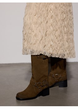 Reserved - Zamszowe kozaki biker - ciemnozielony ze sklepu Reserved w kategorii Kozaki damskie - zdjęcie 186708052