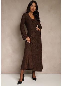Brązowa Rozkloszowana Sukienka Longsleeve w Zebrę Zdobiona Brokatem Mevilisa ze sklepu renee.pl w kategorii Sukienki - zdjęcie 186745882