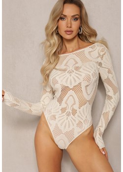 Beżowe Body z Ażurowym Zdobieniem i Wycięciem na Plecach Folivia - id: 976-1-42-BEIGE - marki Renee - 186759001 Beżowe Body z Ażurowym Zdobieniem i Wycięciem na Plecach Folivia ze sklepu renee.pl w kategorii Body damskie - zdjęcie 186759001