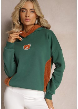 Zielona Bluza z Bawełny z Ozdobną Naszywką z Misiem i Polarowym Kapturem Hecatia - id: 205MD-61-GREEN - marki Renee - 186763952 Zielona Bluza z Bawełny z Ozdobną Naszywką z Misiem i Polarowym Kapturem Hecatia ze sklepu renee.pl w kategorii Bluzy damskie - zdjęcie 186763952