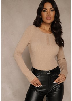 Brązowy Gładki Sweter z Wiskozą z Metaliczną Nicią i Guzikami przy Dekolcie Lilivea ze sklepu renee.pl w kategorii Swetry damskie - zdjęcie 186800723