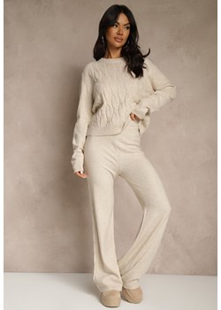 Jasnobeżowy Dzianinowy Komplet z Wełną Spodnie Wide Leg i Sweter Cropped Nezera ze sklepu renee.pl w kategorii Komplety i garnitury damskie - zdjęcie 186800783
