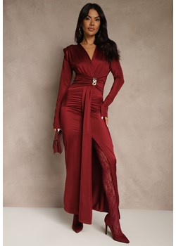 Bordowa Koktajlowa Sukienka z Rozcięciem na Nogę Zdobiona Trenem Atirga ze sklepu renee.pl w kategorii Sukienki - zdjęcie 186803581