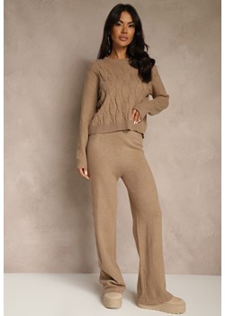 Ciemnobeżowy Dzianinowy Komplet z Wełną Spodnie Wide Leg i Sweter Cropped Nezera ze sklepu renee.pl w kategorii Komplety i garnitury damskie - zdjęcie 186803630