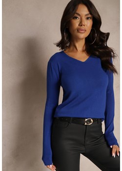Granatowy Sweter z Bawełną i Trójkątnym Dekoltem Eulinevia - id: 3780-MIX5K-93-D.BLUE - marki Renee - 187238943 Granatowy Sweter z Bawełną i Trójkątnym Dekoltem Eulinevia ze sklepu renee.pl w kategorii Swetry damskie - zdjęcie 187238943