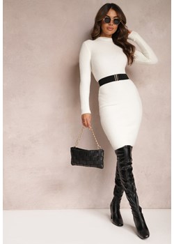 Biała Wełniana Sukienka Midi Prążkowana z Półgolfem Sebhatta - id: 2983-71-WHITE - marki Renee - 187239542 Biała Wełniana Sukienka Midi Prążkowana z Półgolfem Sebhatta ze sklepu renee.pl w kategorii Sukienki - zdjęcie 187239542