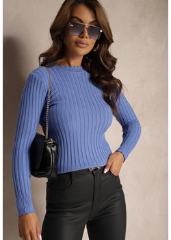 Niebieski Sweter z Dodatkiem Bawełny z Prążkowanego Materiału Mevalay - id: 3706-MIX7K-51-BLUE - marki Renee - 187239570 Niebieski Sweter z Dodatkiem Bawełny z Prążkowanego Materiału Mevalay ze sklepu renee.pl w kategorii Swetry damskie - zdjęcie 187239570