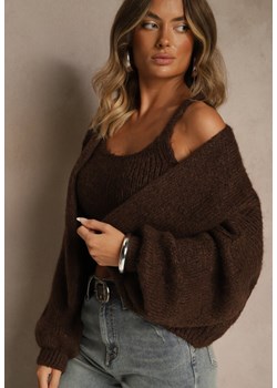 Brązowy Niezapinany Kardigan z Wełną i Wiskozą z Dołączonym Topem Belvane - id: 31091-54-BROWN - marki Renee - 187239732 Brązowy Niezapinany Kardigan z Wełną i Wiskozą z Dołączonym Topem Belvane ze sklepu renee.pl w kategorii Swetry damskie - zdjęcie 187239732