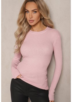 Jasnoróżowy Prążkowany Sweter z Bawełną Ozdobiony Cyrkoniami Romilea - id: 3770-MIX5K-46-L.PINK - marki Renee - 187242264 Jasnoróżowy Prążkowany Sweter z Bawełną Ozdobiony Cyrkoniami Romilea ze sklepu renee.pl w kategorii Swetry damskie - zdjęcie 187242264