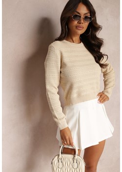 Beżowy Klasyczny Sweter z Ozdobnymi Napami Vakatora - id: MCY05287-42-BEIGE - marki Renee - 187243664 Beżowy Klasyczny Sweter z Ozdobnymi Napami Vakatora ze sklepu renee.pl w kategorii Swetry damskie - zdjęcie 187243664