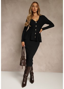 Czarny Dzianinowy Komplet z Wiskozą Elegancki Kardigan i Spódnica Unalaia - id: J9096-38-BLACK - marki Renee - 187243724 Czarny Dzianinowy Komplet z Wiskozą Elegancki Kardigan i Spódnica Unalaia ze sklepu renee.pl w kategorii Komplety i garnitury damskie - zdjęcie 187243724