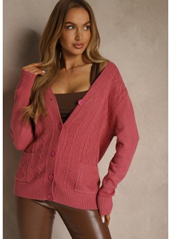 Ciemnoróżowy Kardigan z Bawełną i Tłoczonym Wzorem Reisina - id: 3696-M-47-D.PINK - marki Renee - 187243734 Ciemnoróżowy Kardigan z Bawełną i Tłoczonym Wzorem Reisina ze sklepu renee.pl w kategorii Swetry damskie - zdjęcie 187243734