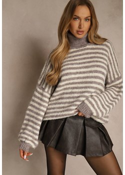 Szaro-Beżowy Golf z Dodatkiem Wełny Ozdobiony Paskami Monarria - id: GAZZ-51196-151-GREY/BEIGE - marki Renee - 187243794 Szaro-Beżowy Golf z Dodatkiem Wełny Ozdobiony Paskami Monarria ze sklepu renee.pl w kategorii Swetry damskie - zdjęcie 187243794