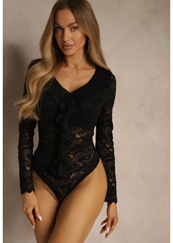 Czarne Body z Koronki Ozdobione Falbanką Videle - id: E0538-38-BLACK - marki Renee - 187244960 Czarne Body z Koronki Ozdobione Falbanką Videle ze sklepu renee.pl w kategorii Body damskie - zdjęcie 187244960