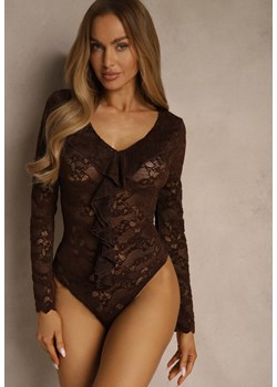 Brązowe Body z Koronki Ozdobione Falbanką Videle - id: E0538-54-BROWN - marki Renee - 187244963 Brązowe Body z Koronki Ozdobione Falbanką Videle ze sklepu renee.pl w kategorii Body damskie - zdjęcie 187244963