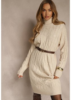 Jasnobeżowa Sukienka Sweterkowa z Golfem Wełną  Bawełną i Ozdobnym Splotem Reilenea - id: 3690-M-43-L.BEIGE - marki Renee - 187257873 Jasnobeżowa Sukienka Sweterkowa z Golfem Wełną  Bawełną i Ozdobnym Splotem Reilenea ze sklepu renee.pl w kategorii Sukienki - zdjęcie 187257873